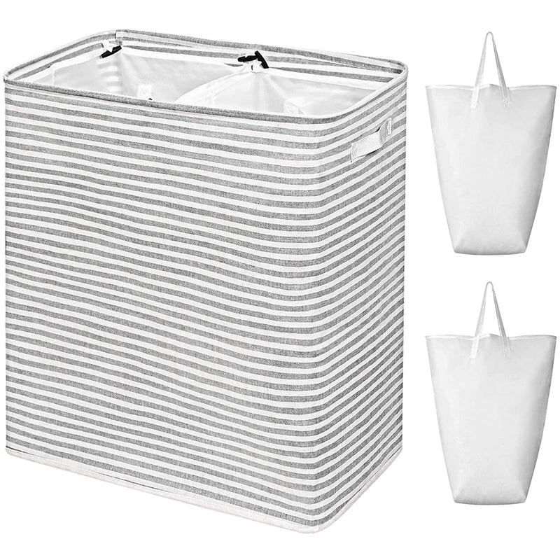115L Freestanding Laundry Hamper Divided Large Laundry Basket 2 Removeable Liner Bags(Striped Gray)