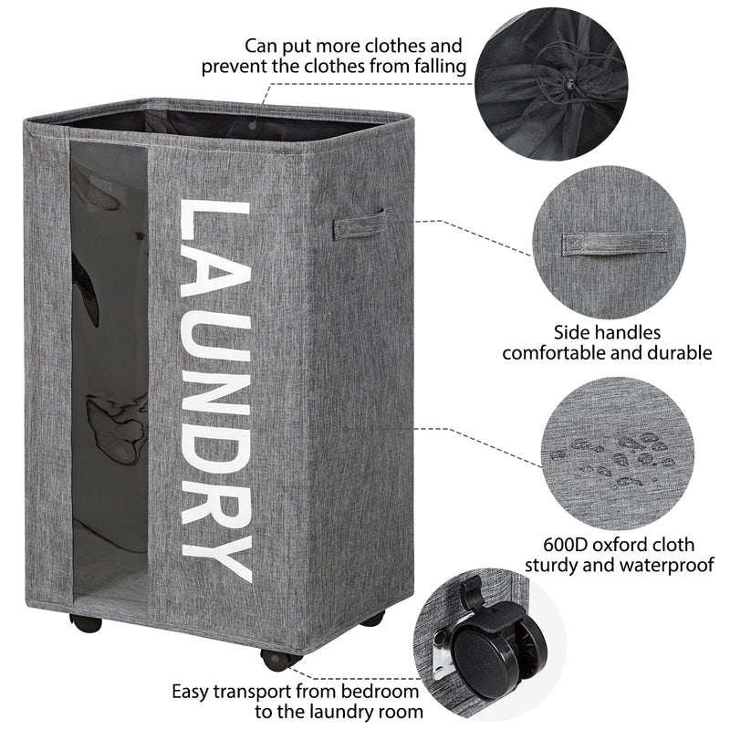 WOWLIVE 90L Laundry Hamper Large Rolling Laundry Basket with Wheels Collapsible Clothes Hamper with Clear Window & Carry Handles,Rectangular Laundry Basket Bin 17"X13"X27"(Grey2)