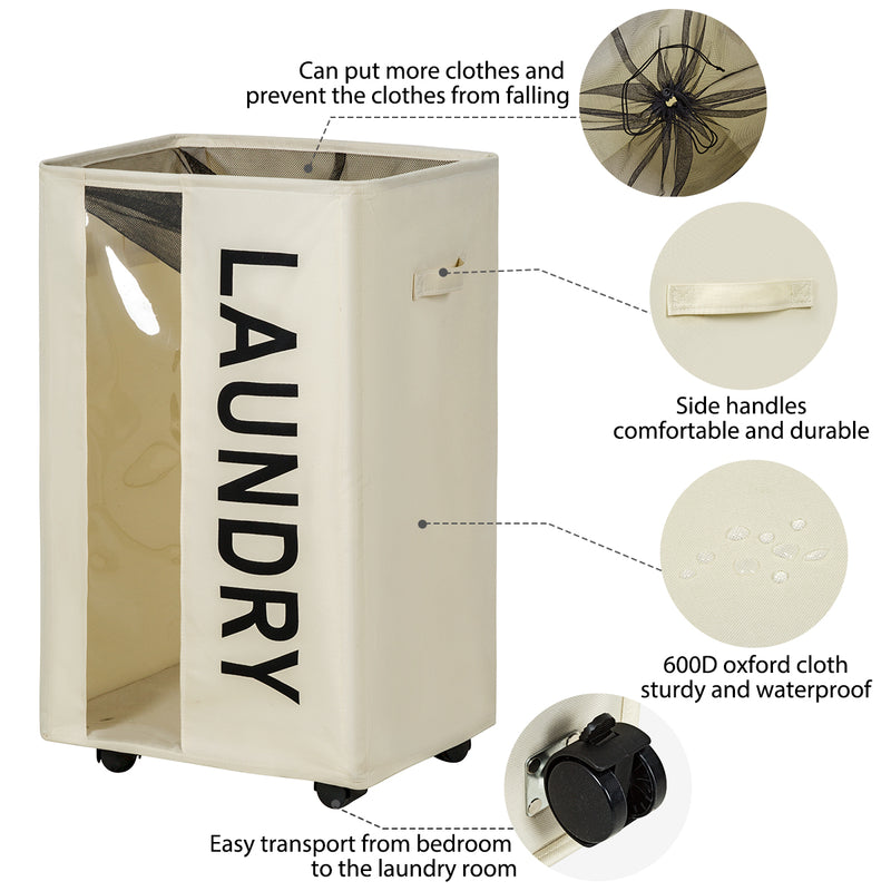 WOWLIVE 90L Large Rolling Laundry Hamper with Wheels Foldable Laundry Basket with Wheels Collapsible Clothes Hamper with Clear Window & Carry Handles,Rectangular Laundry Basket Bin 17"X13"X27"(Beige)