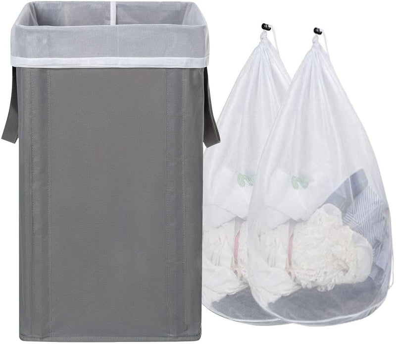 WOWLIVE Large Laundry Hamper Collapsible with 2 Removable Mesh Laundry Bags Tall Laundry Basket Foldable Dirty Clothes Hamper with 2 Handles Rectangular Washing Bin Dorm Room Storage(Grey 2)