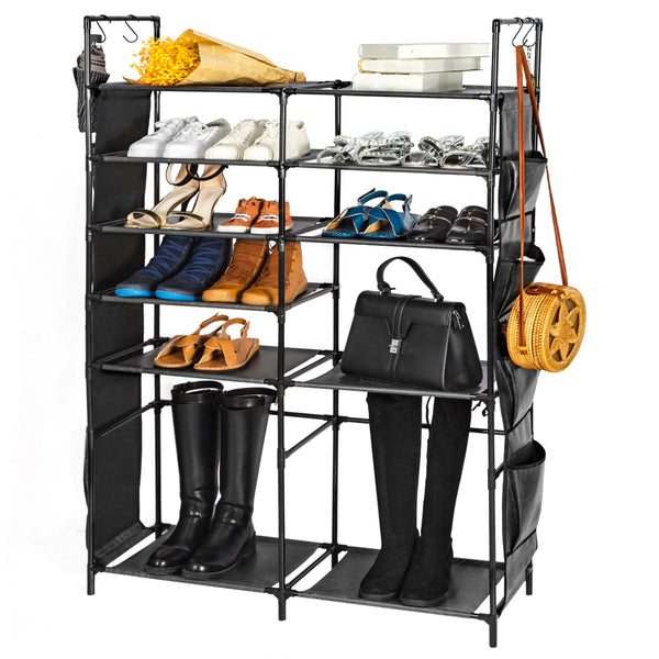ZERO JET LAG 57"H Shoe Rack Boots Storage Organizer 6 Tiers Closet Entryway Shelf Stackable Cabinet Tower Double Row Non-Woven Fabric Metal 20-25 Pairs Black