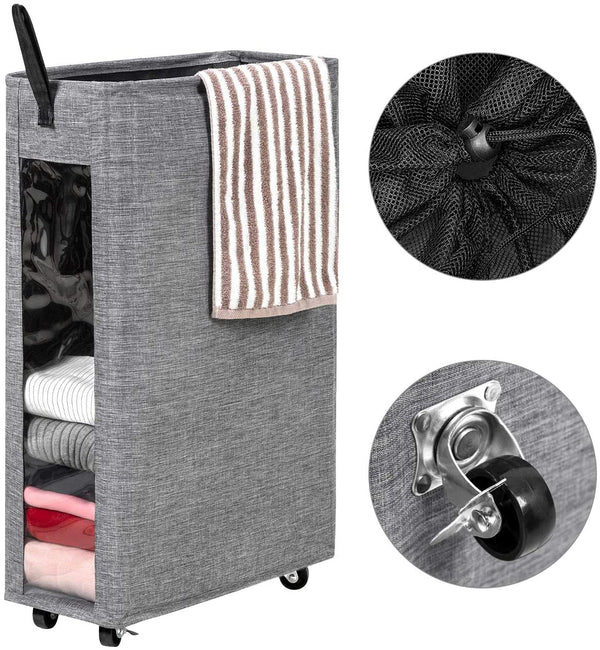 WOWLIVE 27 inches Slim Rolling Laundry Hamper with Wheels Tall Thin Laundry Basket with Clear Window Handy Collapsible Clothes Hamper Mesh Cover Rectangular Storage Corner Bin (Grey2)