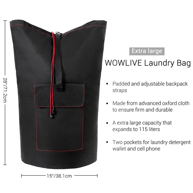 WOWLIVE Extra Large Laundry Bag with Strap Laundry Backpack Hanging Laundry Hamper Adjustable Shoulder Straps Camping Bag Waterproof Durable Travel College Apartment Dorm Sports(Black)