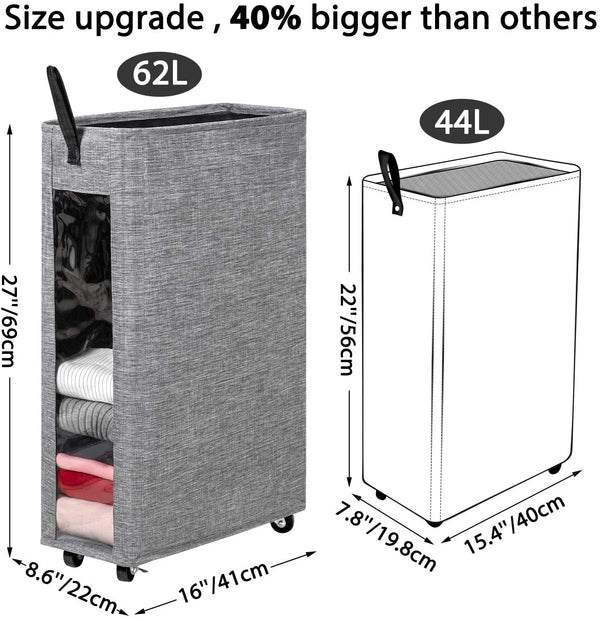 WOWLIVE 27 inches Slim Rolling Laundry Hamper with Wheels Tall Thin Laundry Basket with Clear Window Handy Collapsible Clothes Hamper Mesh Cover Rectangular Storage Corner Bin (Grey2)