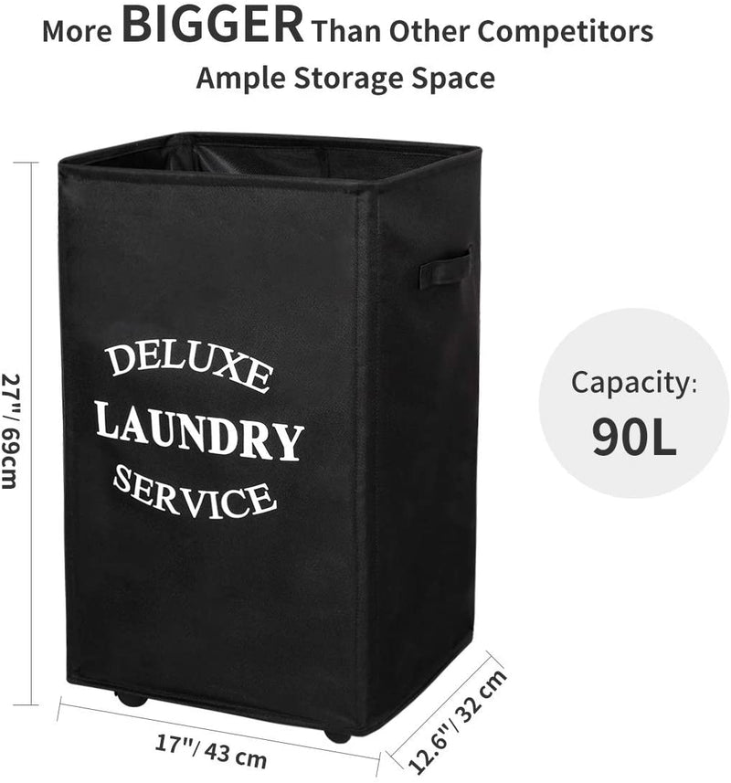 WOWLIVE 90L Large Rolling Laundry Hamper with Wheels Collapsible Laundry Basket on Wheels Durable Laundry Bag on Wheels Foldable Rectangular Hampers for Laundry (Black)