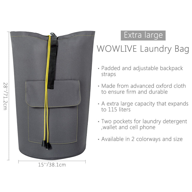 WOWLIVE Extra Large Laundry Bag with Strap Laundry Backpack Hanging Laundry Hamper Adjustable Shoulder Straps Camping Bag Waterproof Durable Travel College Apartment Dorm Sports(Grey)