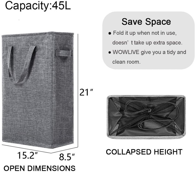 WOWLIVE 45L Slim Thin Laundry Hamper Small Laundry Basket with Handles Foldable Skinny Hamper for Laundry Durable Collapsible Dirty Clothes Hamper (Grey2)