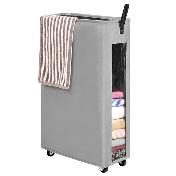 WOWLIVE 27 inches Slim Rolling Laundry Hamper with Wheels Collapsible Tall Laundry Basket with Clear Window Handy Thin Clothes Hamper Mesh Cover Rectangular Storage Corner Bin(Gray)