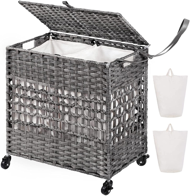 WOWLIVE 110L Double Laundry Hamper with Lid, Large Rolling Laundry Basket with 4 Removable Liner Bags,Synthetic Rattan Handwoven Dirty Clothes Hamper Organizer,Foldable Hamper for Laundry 2 Section (Gray)