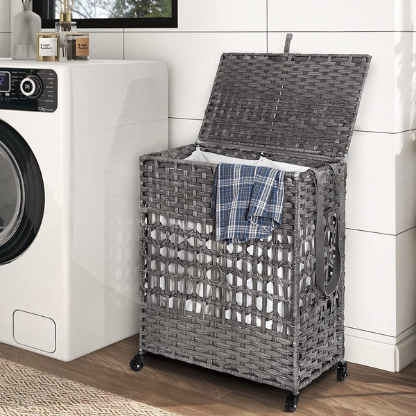 WOWLIVE 110L Double Laundry Hamper with Lid, Large Rolling Laundry Basket with 4 Removable Liner Bags,Synthetic Rattan Handwoven Dirty Clothes Hamper Organizer,Foldable Hamper for Laundry 2 Section (Gray)